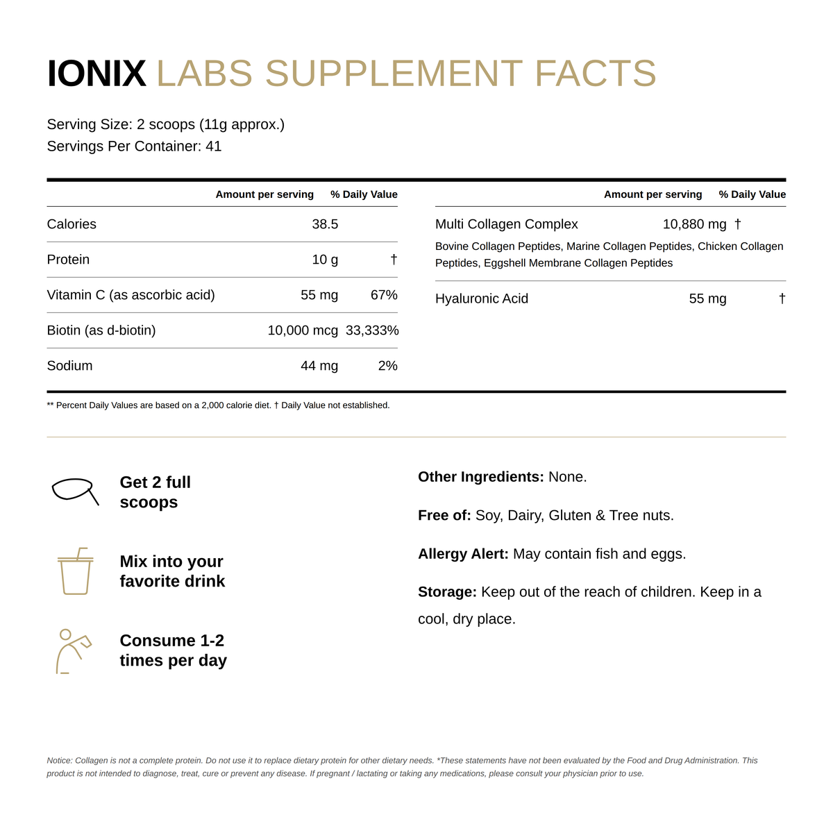 Ionix Labs Multi Collagen Peptides supplement facts panel