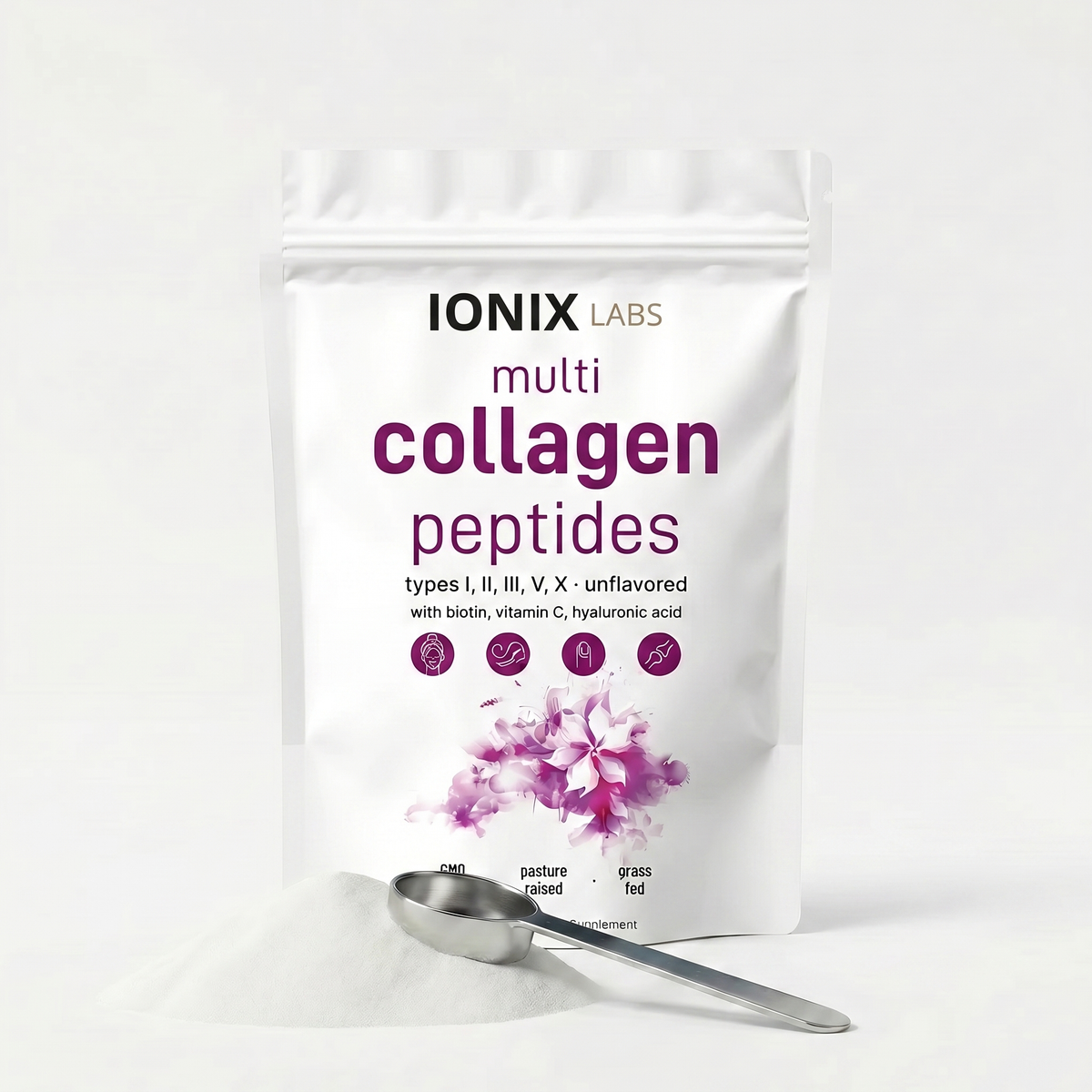 Ionix Labs Multi Collagen Peptides pouch with measuring scoop