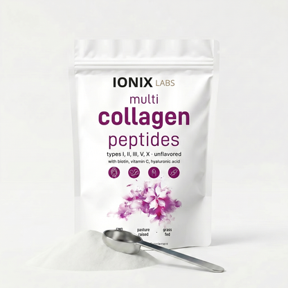 Ionix Labs Multi Collagen Peptides pouch with measuring scoop
