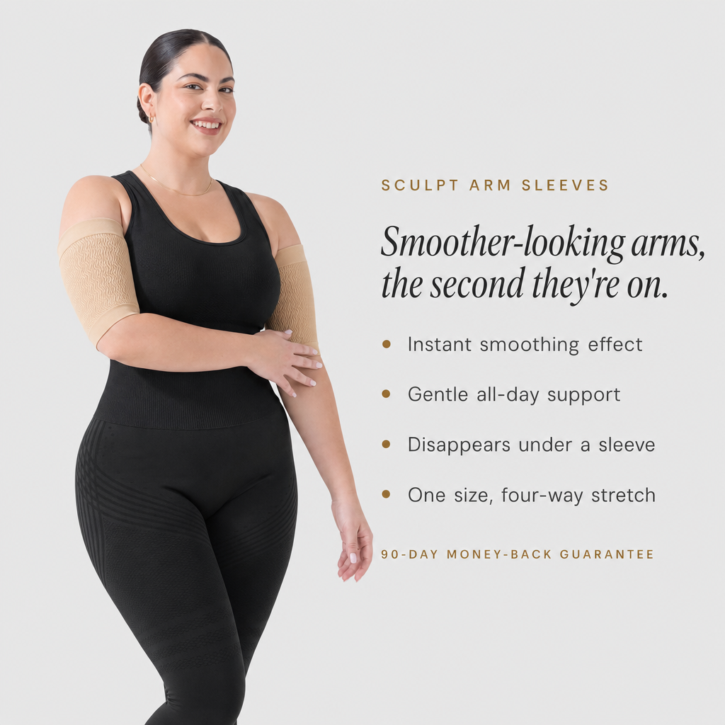 Woman wearing black Sculpt™ compression arm sleeves with a black tank top